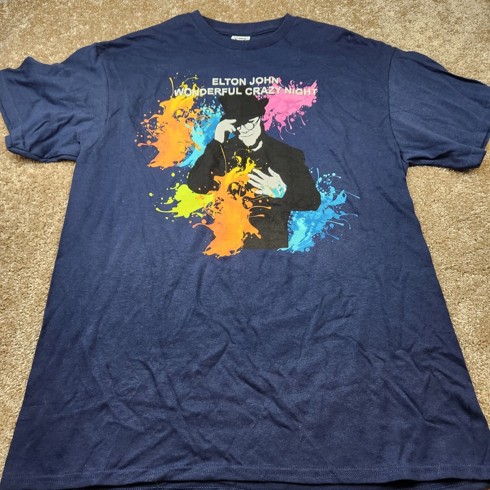 Elton John Wonderful Crazy Night 2016 World Tour T-Shirt Mens Large Navy Blue